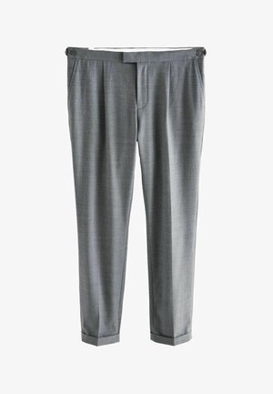 Gray tailored trousers with a flat front, front pleats, and rolled cuffs. Made of textured fabric, featuring two side pockets and a button closure.