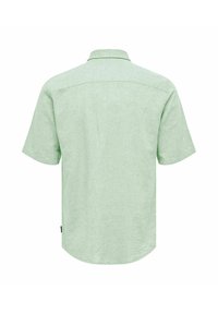 Chemise boutonnée à manches courtes vert clair avec col, vue de dos sur fond blanc.