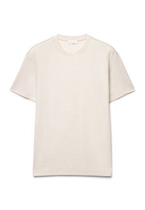 Kurzärmliges, geripptes T-Shirt in creme-beige mit Rundhalsausschnitt, flach auf weißem Hintergrund präsentiert.