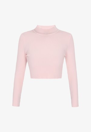 Roze geknipte top met lange mouwen van ribbelstof met een hoge halslijn. Eenvoudig ontwerp zonder extra patronen of bevestigingsmiddelen.