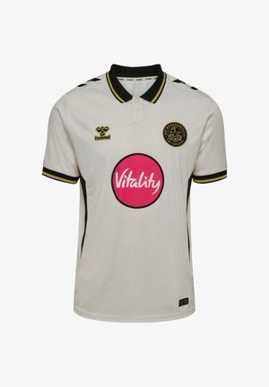 Hvid AFC Bournemouth fodboldtrøje med sort og gul krave, Vitality-logo i en lyserød cirkel og Hummel-logo på brystet.