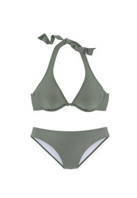 Oliwkowy zestaw bikini z topem na szyję z zapięciem na kokardkę, prążkowaną teksturą oraz pasującymi majtkami o średnim stan.