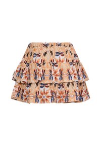 Gonna a strati floreale con stampa di farfalle arancioni, blu e nere. Realizzata in tessuto leggero con orlo arricciato e vita elastica.