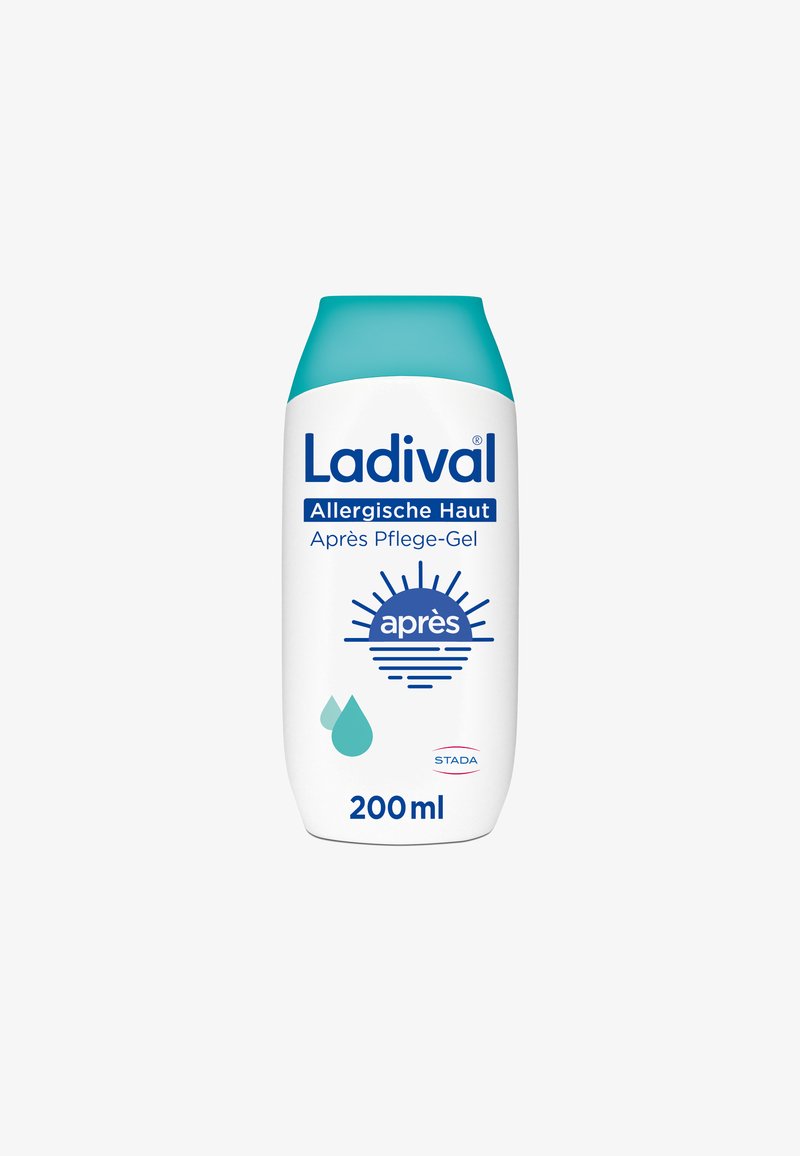 Ladival Après Pflege-Gel for allergic skin, 200ml white bottle with blue-green cap, sun and water drop icons, STADA logo.