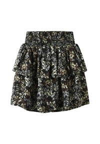 Melna ziedu raksta svārki ar savilkto vidukļa daļu, diviem kārtotiem volāniem un auduma dizainā apvienotām zaļām, baltām un brūnām nokrāsām.