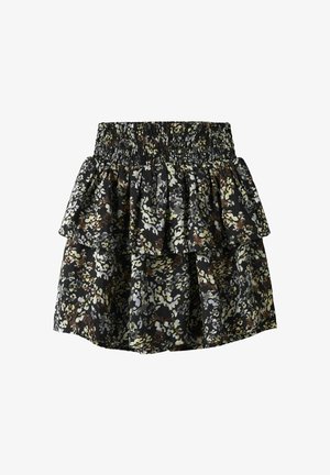 Jupe à imprimé floral noir avec une ceinture smockée, deux volants superposés et un mélange de tons verts, blancs et bruns dans le motif du tissu.
