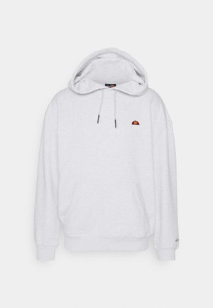 Sudadera gris claro hecha de tela suave, con un bolsillo frontal, cordones ajustables y un logo bordado en el pecho.