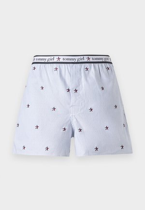 Boxer in blu e bianco a righe con vita elastica. Presenta stelle rosse ricamate e il marchio "tommy girl" sulla vita.