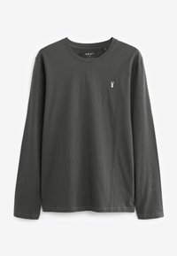 Langærmet mørkegrå t-shirt lavet af bomuld, med rund halsudskæring og et lille broderet design på brystet i en lysere farve.