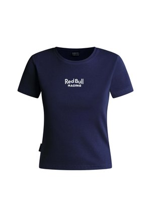 Navy blue short-sleeve T-shirt with "Red Bull Racing" logo in white centered on front.