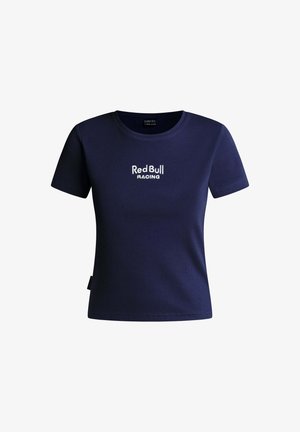 Navy blue short-sleeve T-shirt with "Red Bull Racing" logo in white centered on front.