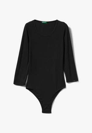 Bodysuit negro de manga larga confeccionado en tejido acanalado. Cuenta con un escote redondo y un cierre de presión en la parte inferior para un uso seguro.