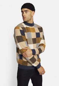 Strickpullover mit einem mehrfarbigen Karomuster in Braun, Creme und Marineblau, mit gerippten Bündchen und Rundhalsausschnitt.