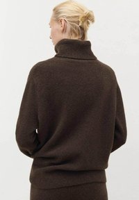 Donkerbruin sweater met een hoge, geribbelde kraag, een losse fit en een zachte textuur. De achterkant laat minimale details zien en heeft een ontspannen silhouet.