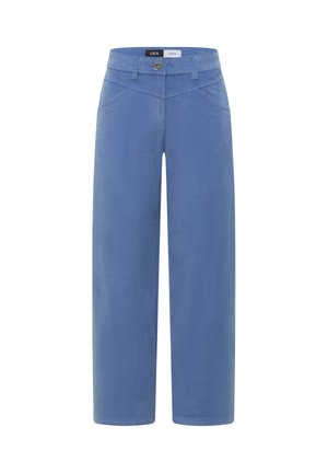 Pantaloni blu a gamba larga con tasche frontali, passanti per cintura e chiusura con bottone, mostrati su uno sfondo bianco.