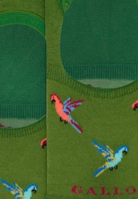 Calze verdi con motivi di uccelli colorati, con disegni blu e rosa. Polsino a coste e logo Gallo in rosso. Realizzate in morbido materiale a maglia.