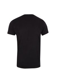 Svart kortärmad t-shirt med klassisk krage; slät tyg utan mönster eller detaljer; figurnära passform med rak fåll.