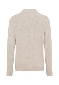 Beige gestreifter Pullover mit hohem Kragen, langen Ärmeln und subtiler Textur. Keine sichtbaren Muster oder Beschläge. Rückansicht gezeigt.