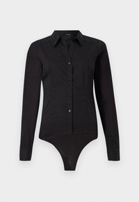 Bodysuit noir avec manches longues, devant à boutons, col, et un design ajusté s'étendant en bas en string. Texture lisse et accents simples.