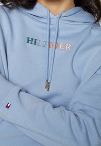 Lichtblauwe hoodie met een trekkoord, met geborduurd "HILFIGER" in groen en oranje. Kleine logo patch op de mouw.