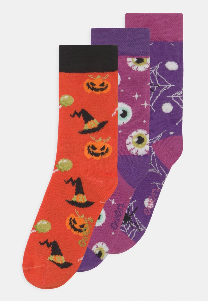 Three pairs ofHalloween-themed socks: red with witches' hats and pumpkins, purple with eyes, and dark purple with spiderwebs and stars.