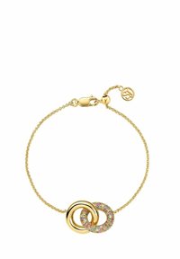 Guldarmband med två sammanlänkade ringar, den ena slät och polerad, den andra prydd med flerfärgade glittrande stenar.