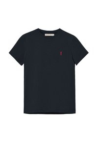 Camiseta de color azul marino oscuro en algodón suave con cuello redondo clásico. Presenta un pequeño logo bordado en rojo en el pecho. Mangas cortas, corte relajado.