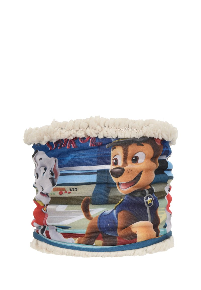 Gaiter coloré avec des personnages de chiens cartoon sur le tissu, avec une bordure en polaire douce et des éléments de design multicolores.