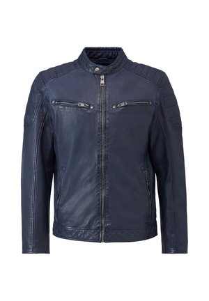 Marine leren jack met een staande kraag, ritssluiting aan de voorkant en doorgestikte schouderdetails. Beschikt over twee borst- en twee zijzakken. Gladde textuur.