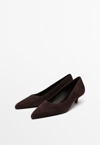 Dark brown suede pumps with a pointed toe design, low heel, and smooth texture. Simple, classic shape with no visible embellishments.