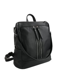 Sac à dos en cuir noir avec un design structuré, comportant deux poches zippées à l’avant, une poignée supérieure et une bandoulière réglable.
