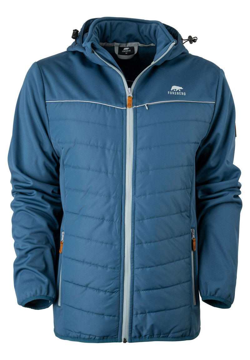 Blaue isolierte Jacke mit strukturiertem Steppdesign, Reißverschluss vorne, verstellbarer Kapuze und kontrastierenden hellblauen Akzenten. Verfügt über Seitentaschen.