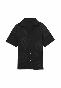 Cămașă neagră cu sleeves scurte, cu deschidere prin butoni, având model reliefat de paisley și frunze, și guler ascuțit. Fabricată dintr-un material texturat.