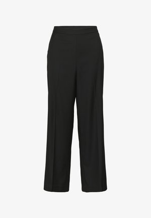 Pantaloni negri cu picioare largi, cu o textură netedă, având o talie plată și un design croit, potriviți pentru diverse ocazii.