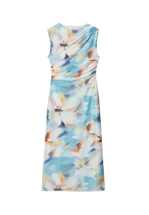 Blumen-Midi-Kleid mit einem hellblauen Hintergrund und abstrakten Pastellblumenmustern, ärmelloses Design und gerafftem Taillenbereich.