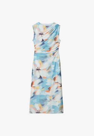 Blumen-Midi-Kleid mit einem hellblauen Hintergrund und abstrakten Pastellblumenmustern, ärmelloses Design und gerafftem Taillenbereich.