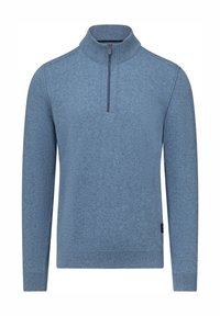 Light blue pullover with a high collar, half-zip closure, ribbed cuffs, and a textured knit fabric. Full sleeves, no patterns or accents.
