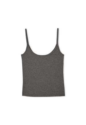 Dunkelgraues Tanktop mit dünnen Trägern, aus weichem, dehnbarem Material gefertigt. Verfügt über einen runden Ausschnitt und ein einfaches, klares Design.