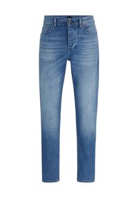 Jean en denim bleu avec une coupe droite, taille mi-haute, décoloration subtile et style classique à cinq poches. Fermeture à bouton.
