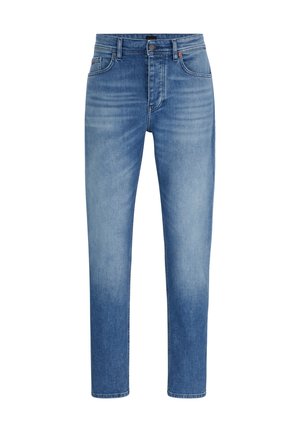 Blauwe denim jeans met een rechte pijpenontwerp, een middelhoge taille, subtiele vervagingen en klassieke vijf-pocketstijl. Voorzien van een knoopsluiting.