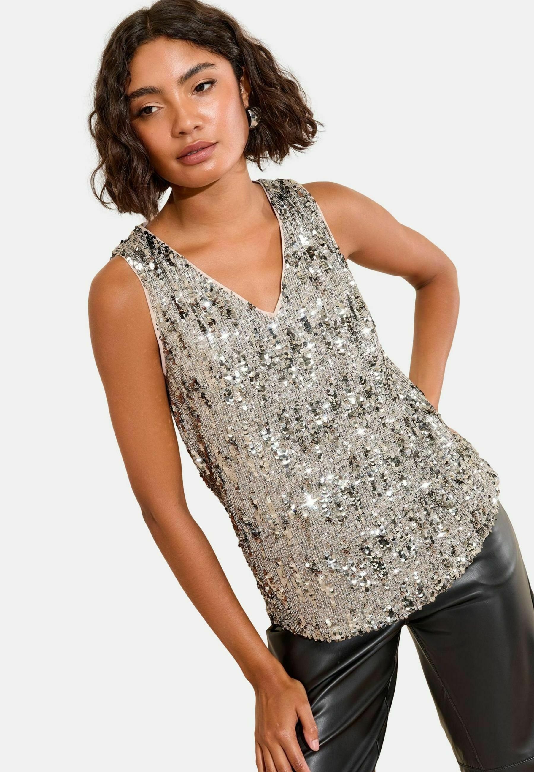 V Neck Womens Silver Sequin Tops Silver Sequin Embellished V-Neck