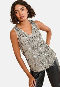 PETITE FIT V-NECK SEQUIN - Top - gunmetal