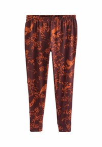 Legginsy wykonane z elastycznego materiału z pomarańczowym wzorem ptaków i kwiatów na ciemnobrązowym tle. Elastyczny pas, dopasowany fason.