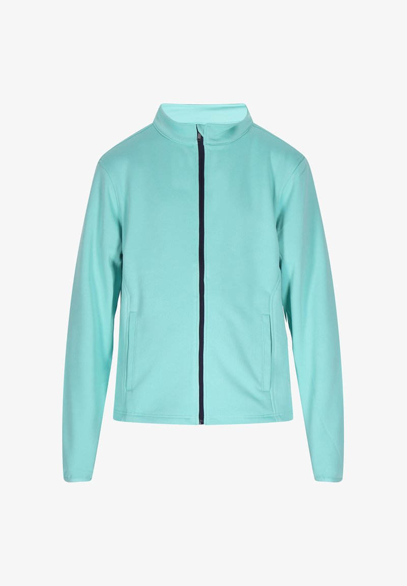 Helles türkisfarbenes Jacket aus weichem Material, mit hohem Kragen, durchgehendem Reißverschluss und zwei seitlichen Taschen mit dunklen Ziernähten.