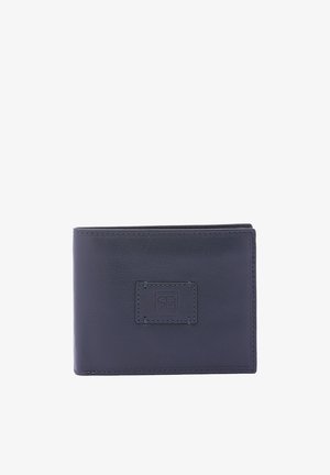 Portafoglio in pelle blu navy con finitura testurizzata. Presenta un logo ricamato e un design pieghevole, offrendo più slot per carte e scomparti.