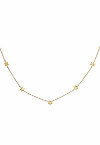 Collar con colgante de estrella dorada que presenta una delicada cadena con cinco acentos en forma de estrella espaciados uniformemente, superficie lisa y diseño minimalista.