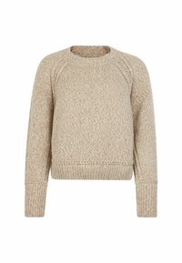 Beżowy sweter dziany z okrągłym dekoltem, raglanowymi rękawami oraz ściągaczami przy mankietach i dolnym brzegu. Teksturowany wzór o miękkim wykończeniu.