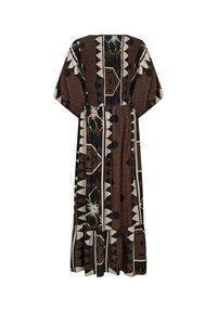 Braun und schwarz gemustertes Kleid mit fließendem Design, das geometrische Formen, florale Motive und einen gerafften Saum präsentiert.