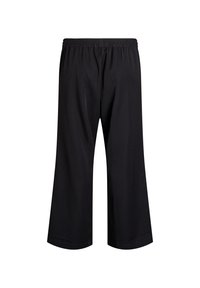 Črne široke hlače z elastiko v pasu, gladko teksturo in preprostim, neokrasnim dizajnom. Primerne za prosti čas.