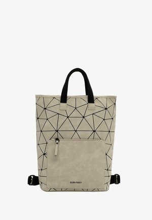 Beige Tasche mit geometrischem Muster und schwarzen Akzenten, ausgestattet mit zwei oberen Griffen und einer vorderen Reißverschlusstasche. Hergestellt aus robustem Material.
